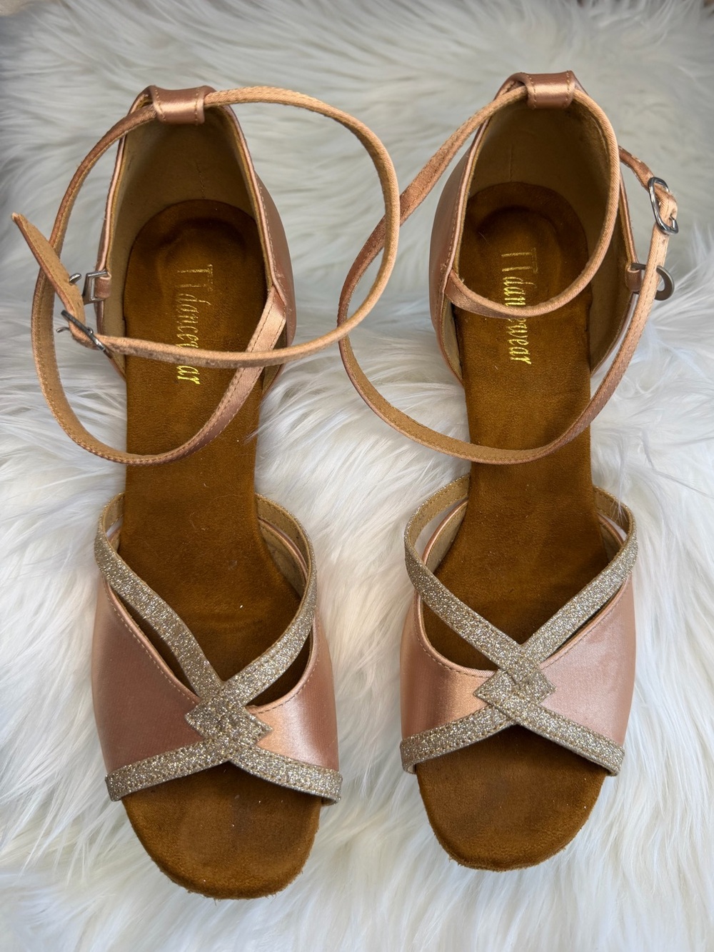 Sparkling Light Peach Strappy Rose Gold Glitter Trim Ballroom Dancing Heels 8.5